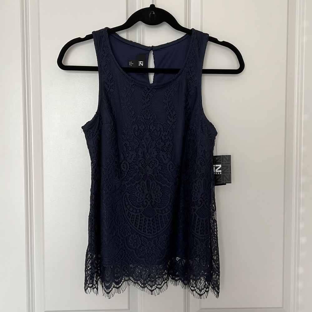 NWT IZ Byer navy lace tank top, size small